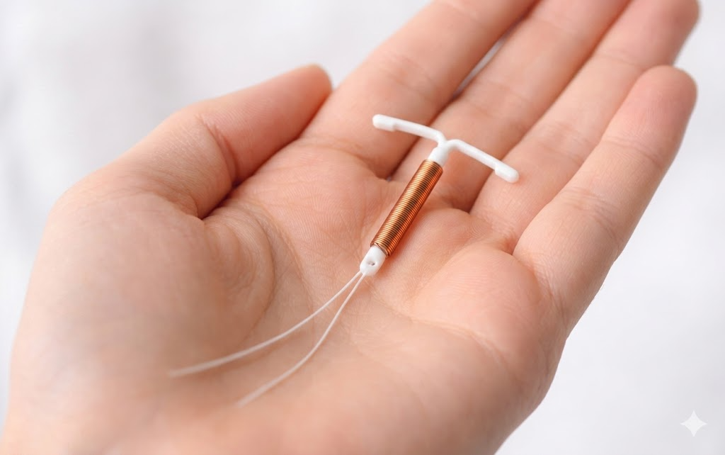 Dispositivo intrauterino (DIU) sobre a palma da mão